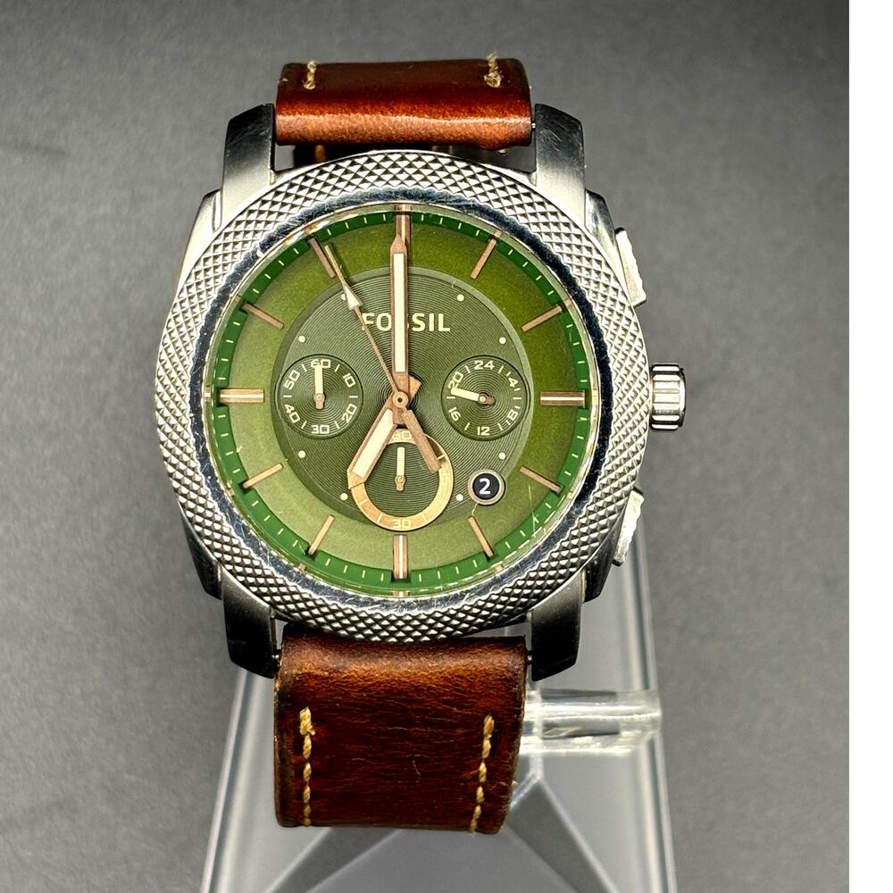 Fossil FS5161 Machine Chronograph Forest Green Leather Strap Men's Watch 44mm